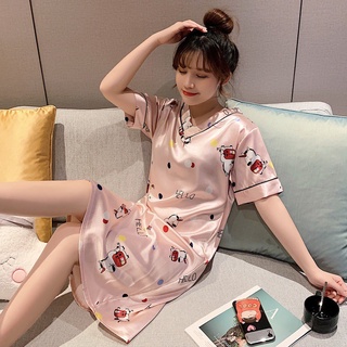 J &amp; M ready stock pajamas women Ice Silk cartoon prints night dress short sleeve V neck dress pajamas Korean style women nightgown summer hot