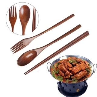 ช้อนส้อมไม้ ชุด 3 ตะเกียบ + ทัพพีจีน + ส้อมบนช้อนส้อมไม้