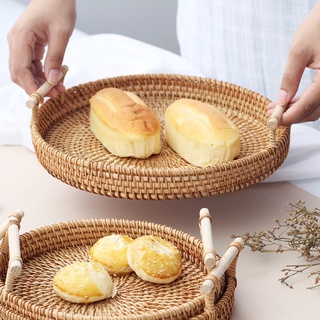 ♗☼℗Round Rattan Tray Bread Basket Fruit Cake Plate Serving Tray Wooden Storag Tableware Wicker Trays With Handle Decorat