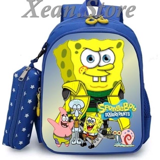 C-ivy) ✔2in1 กระเป๋าเป้นักเรียน สะพายหลัง ลายตัวละคร SPONGEBOB SQUAREPANTS พรีเมี่ยม (ฟรีกล่องดินสอ)