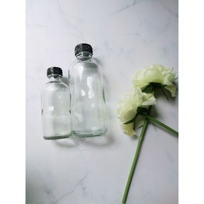 ขวดแก้วทรงกลมฝาสีดำ ขนาด ( 250ml ).