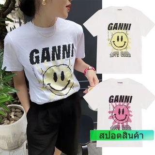 Ganni เสื้อยืดลําลอง แขนสั้น คอกลม พิมพ์ลายตัวอักษร หน้ายิ้ม ดอกทานตะวัน สีขาว แฟชั่นฤดูร้อน สไตล์เรโทร