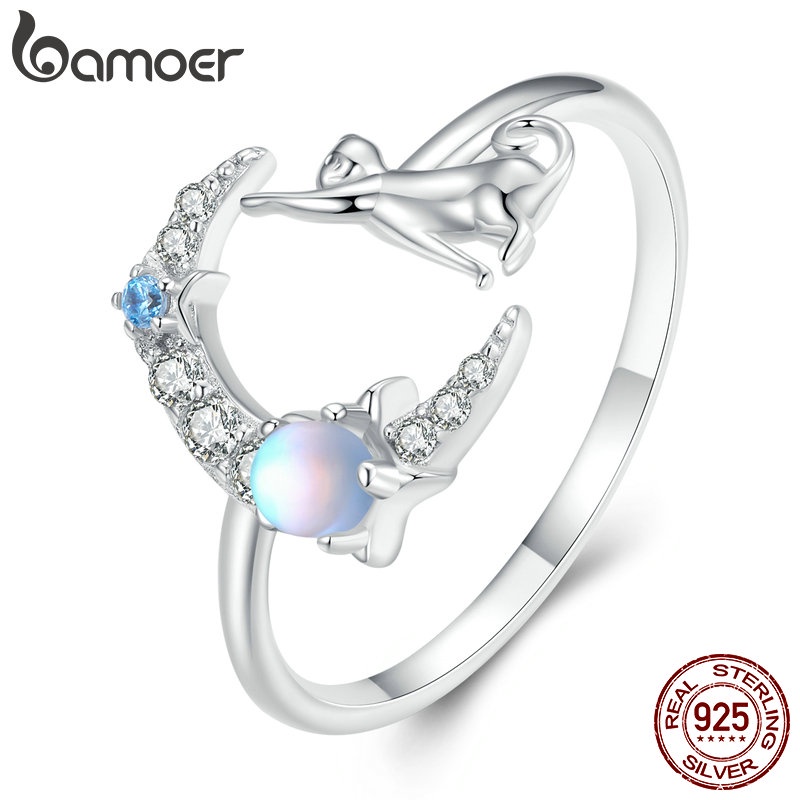 Bamoer 925 Silver Elegant Adjustable Moon and Cat Opening Ring แฟชั่น Jewellery