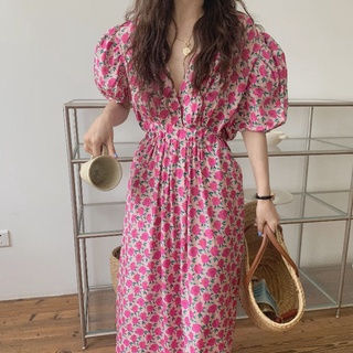 พร้อมส่ง 🍕🥨🍓 cute pink dress C3138 เดรสยาวลายดอก เดรสยาวแขนพอง