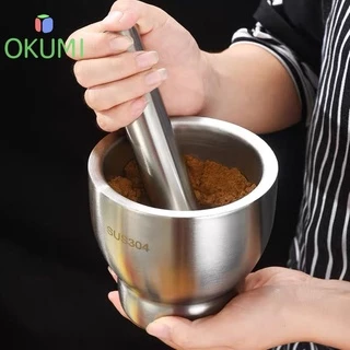 OKUMI_SHOP ครกสแตนเลส พร้อมฝาซิลิโคน ครก + สาก เกรดอาหาร
