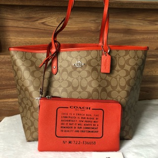 Coach tote กลับด้าน สีส้มลายC น้ำตาล