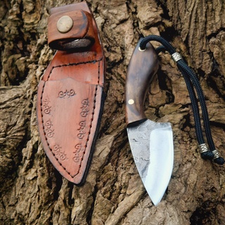 มีดเล็ก มีดแล่ มีดเดินป่า มีดแคมป์ มีดใบตาย (fixed blade) handmade เหล็ก high carbon ด้ามไม้ walnut ซองหนังแท้