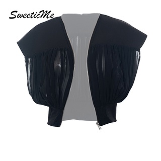Sweeticme เสื้อคาร์ดิแกน ผ้าตาข่าย มีซิป สีพื้น สําหรับผู้หญิง 2022