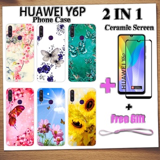 2 IN 1 เคสโทรศัพท์ HUAWEI Y6P พร้อมกระจกนิรภัยกันรอยหน้าจอเซรามิค ฟิล์มโค้ง ผีเสื้อ