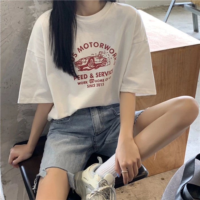 เสื้อยืดไซส์ใหญ่คอกรมผู้หญิง oversize แขนสั้นสไตล์เกาหลี เสื้อผ้าแฟชั่นวัยรุ่นน่ารัก เสื้อโอเวอร์ไซส์สกรีนลายวินเทจ xxl thumbnail 7