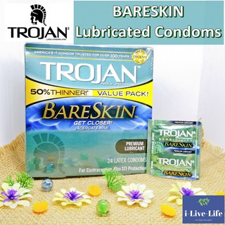 โทรจัน ถุงยางอนามัย รุ่นบางเฉียบ TROJAN® BARESKIN™ Lubricated Condoms 10 or 24 Pieces USA Condom คอนดอม