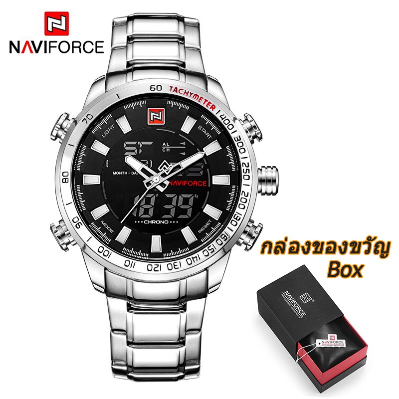 Naviforce นาฬิกาข้อมือควอทซ์ อะนาล็อก ดิจิทัล LED สายสเตนเลส สไตล์ทหาร สําหรับผู้ชาย NF-9093