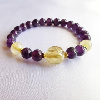 สร้อยข้อมือหินอเมทิสต์ร้อยกับหินไหมทอง Amethyst+Rutilated Quartz