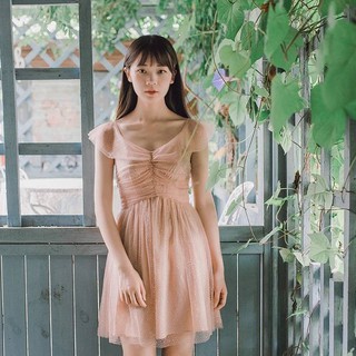 Sweet Peach : Peach Charming Dress เดรสสั้นออกงานสีพีชวิ้งๆ