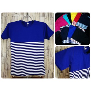 เสื้อยืดแต่งแบบ ลายริ้ว3สี สีน้ำเงิน