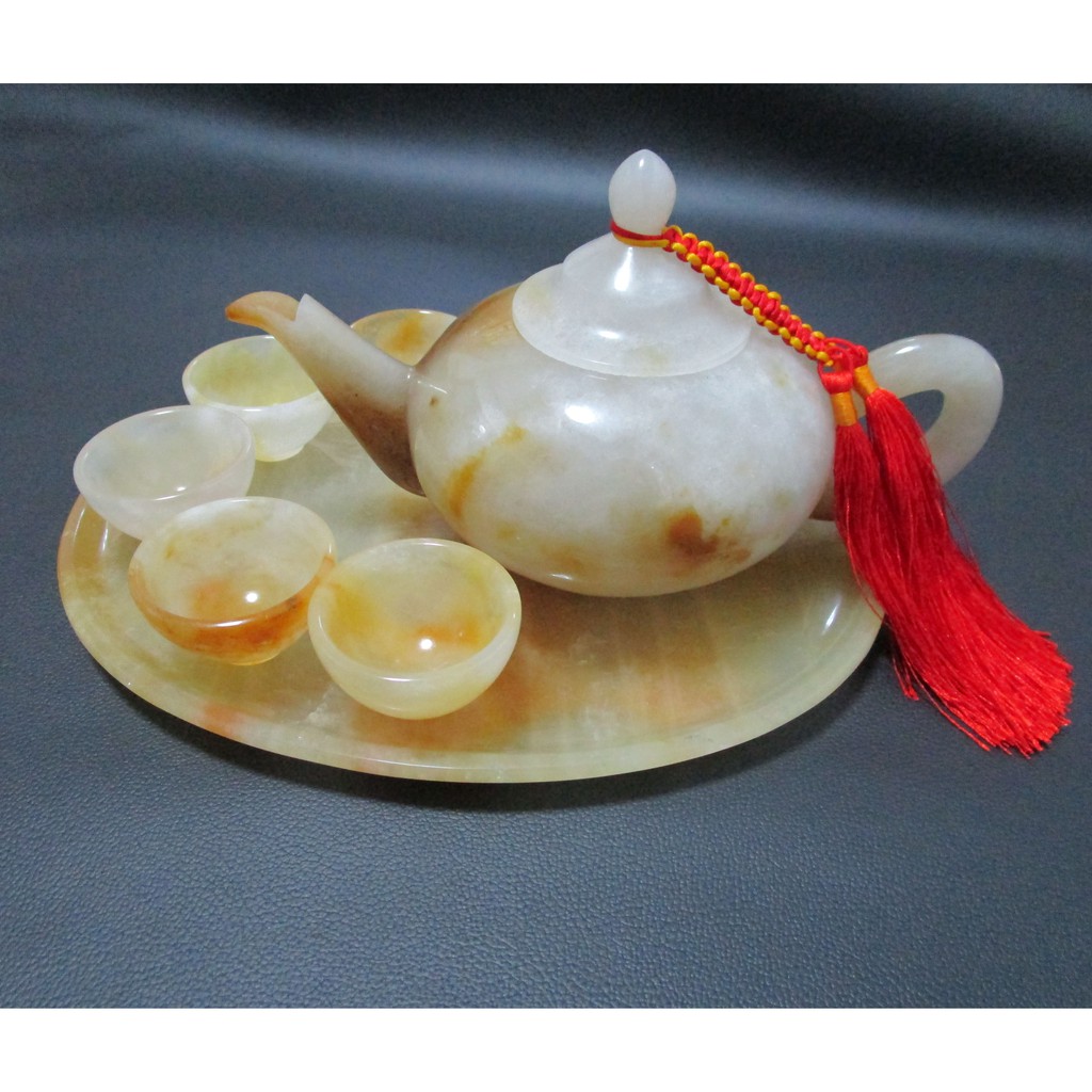 หยกพม่าแท้สีน้ำผึ้งถ้วยน้ำชากาน้ำชาหยกพม่าพร้อมถาดสีน้ำผึ้งขาวเหลือง