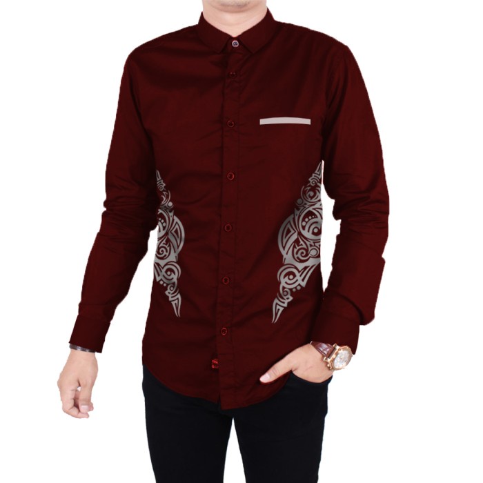 KEMEJA GARAF PUTRA เสื้อเชิ้ตผู้ชาย LONG-SLEEVED MUSLIM เสื้อเชิ้ตผู้ชาย SLIMFIT MUSLIM TOP - สีเลือ