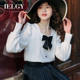 IELGY เสื้อเชิ้ตแขนยาว คอสี่เหลี่ยม แต่งโบว์ ลูกไม้ สไตล์ฝรั่งเศสวินเทจ สําหรับผู้หญิง