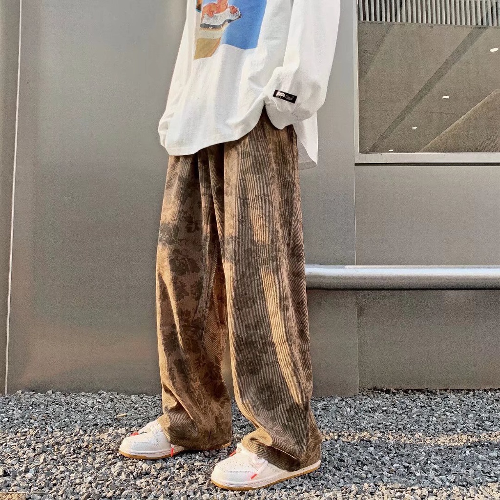 กางเกงลูกฟูก American Street Wear High Street Casual Pants Men Loose Straight Wide-Leg Pants Spring Japanese Retro Time Corduroy Pants Straight Mopping Pants