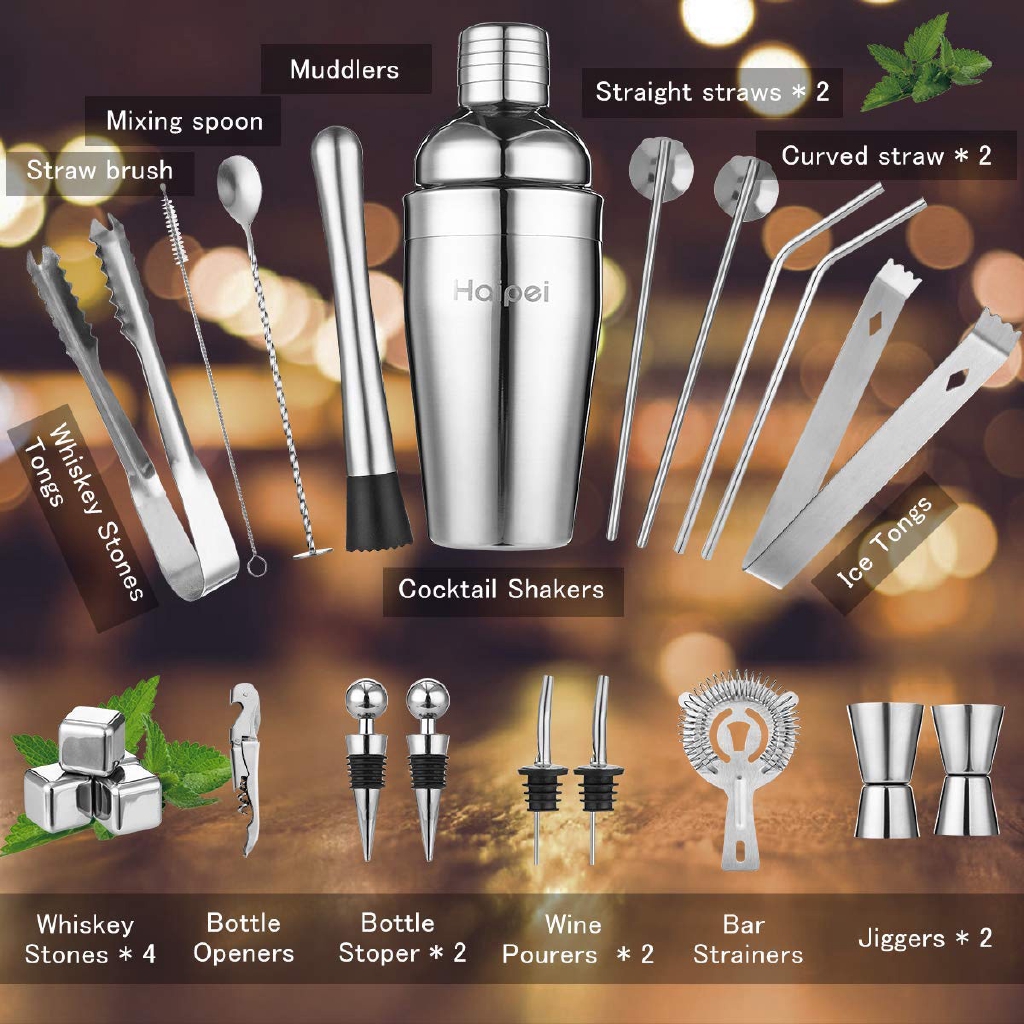 22pcs Mojito Cocktail Bar Shaker Mixer Maker Muddler Barware Bar Sets