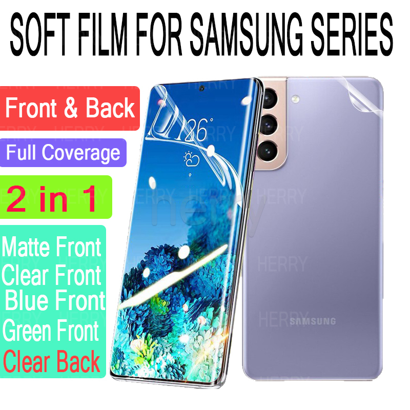 ฟิล์มหน้าหลัง 2 in 1 Soft TPU ตัวป้องกันหน้าจอด้านหลังแบบเต็มครอบคลุม สำหรับ Samsung Galaxy S21 S20 หมายเหตุ 20 Ultra S20 FE S21 Plus Note 10 Lite 5G Frosted ป้องกันลายนิ้วมือ UV แสงสีฟ้าสีม่วงฟิล์มเต็ม ฟิล์มหลัง