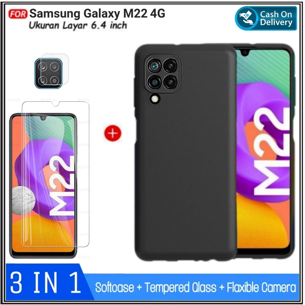 Di AlvaCaseAcc 3IN1 กรณี Samsung M22 F22 4G SoftCase พรีเมี่ยมปลอก Galaxy M22 F22 4G ฟรีกระจกนิรภัยแ