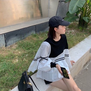 พร้อมส่ง🔥 เชิ้ตเย็บขาวดำ เชิ้ตบาง เสื้อแขนยาวหลวม เสื้อเชิ้ตลูกไม้พลัสไซส์ สไตล์เกาหลี