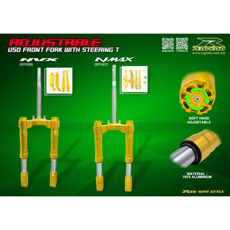 NMAX / NVX Rapido Usd ตะเกียบหน้าชุดปรับได้ 48 มม. พร้อมพวงมาลัย T