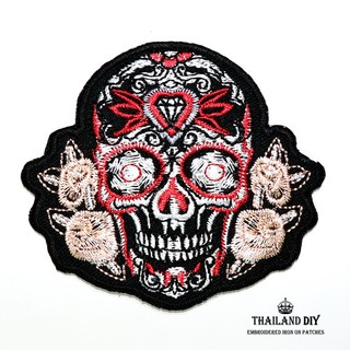 ตัวรีดติดเสื้อ กระโหลกเม็กซิกัน ตัวรีดรอยสักกระโหลก เม็กซิโก สีแดง Sugar Skull Patch งานปัก DIY ตัวรีด ติดเสื้อ อาร์ม