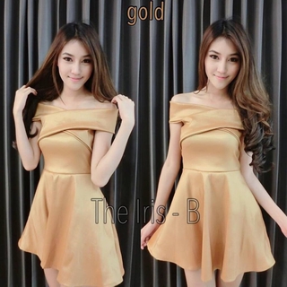 Mini Dress ทรงปาดไหล่กระโปรงบาน (ทอง)