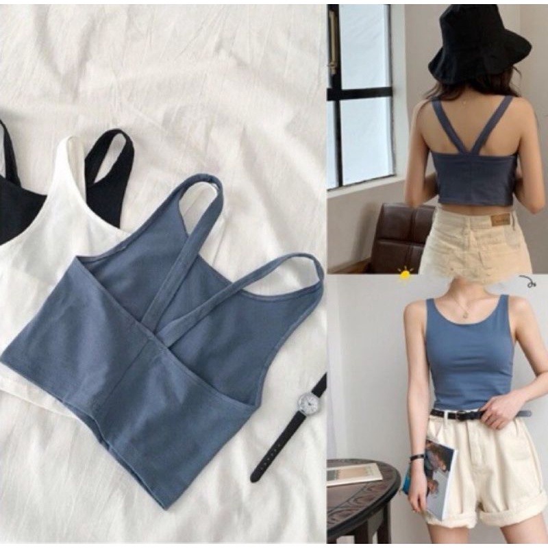 MK-SHOP( พร้อมส่ง)​เสื้อครอปไขว้หลังน่ารักๆ เสื้อกล้าม เสื้อยืด สายเดี่ยว