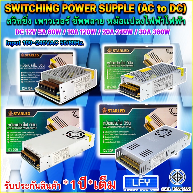 สวิตชิ่งพาวเวอร์ซัพพลาย 12V 5A 60W/10A 120W/20A 240W/30A 360W สำหรับไฟ LED ไม่ต้องใช้อแดปเตอร์