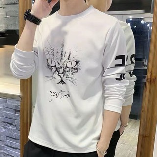 เสื้อยืดแขนยาวผู้ชายลุคเกาหลีเสื้อยืดคอกลมผู้ชายผ้านิ่นดีใส่สบาย