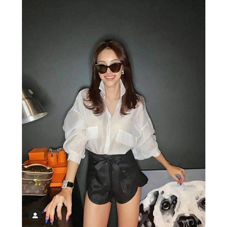 (2129)เสื้อเชื๊ตคอปกแขนยาว  ผ้าเเก้วโปร่ง อก40-44"