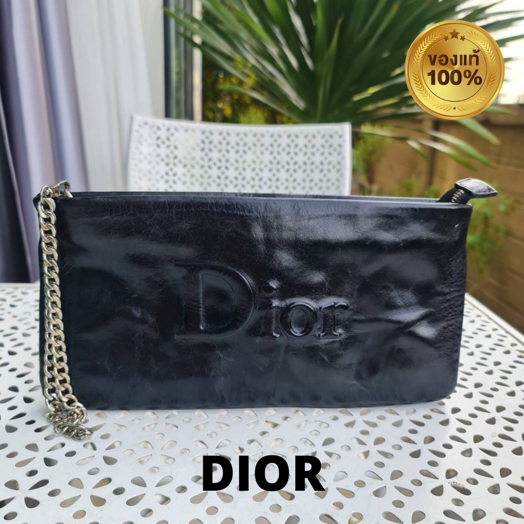 Dior Clutch กระเป๋าดิออร์คลัทช์ มือสองของแท้ หนังแท้สีดำ สายโซ่ มาพร้อม QR สแกนโค้ดพร้อมเลขให้เช็ค