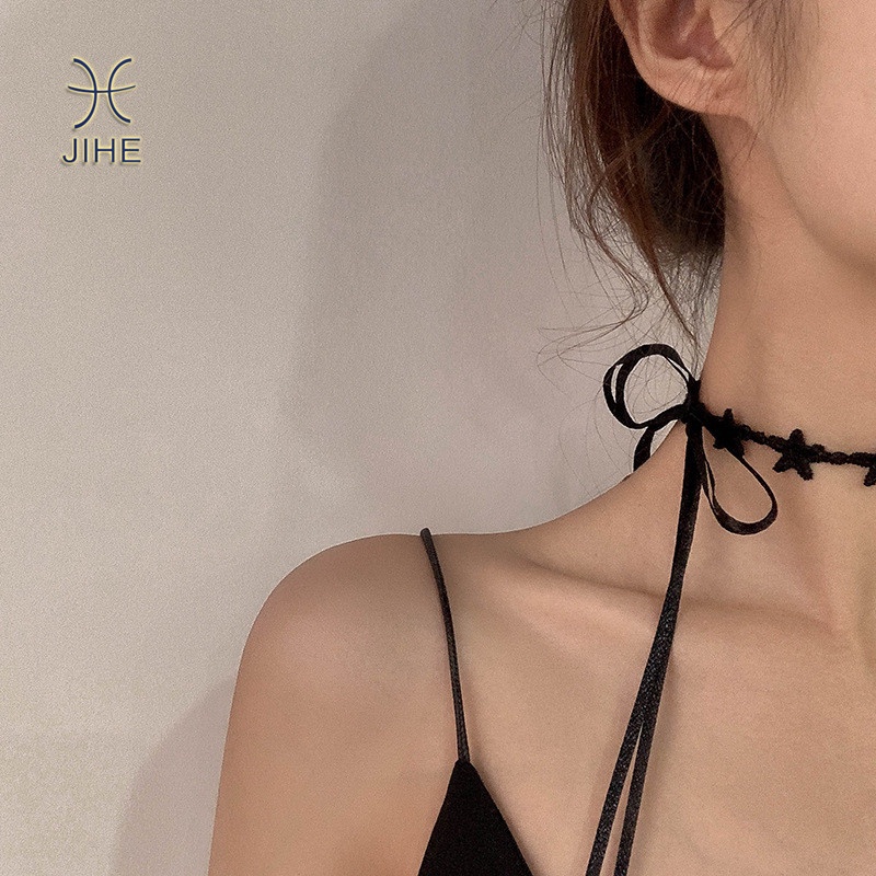 【JIHE】สร้อยคอโชคเกอร์ โซ่ ไหปลาร้า โบว์ดาวห้าแฉก สีดํา เครื่องประดับแฟชั่น สไตล์ญี่ปุ่น และเกาหลี