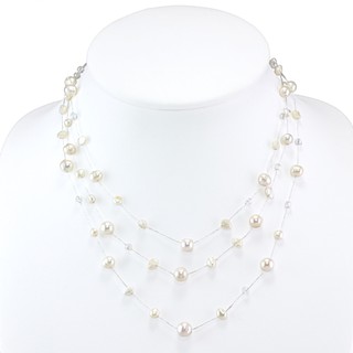 Suvani Jewelry - Silk Thread and Cultured Freshwater Pearl Clear Crystal สร้อยมุก สีขาว ยาว 18 - 20 นิ้ว