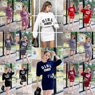 B7556 Set เสื้อคอปแขนยาวสกรีน GIRL + กระโปรงสั้น Set GIRL long sleeve shirt + short skirt