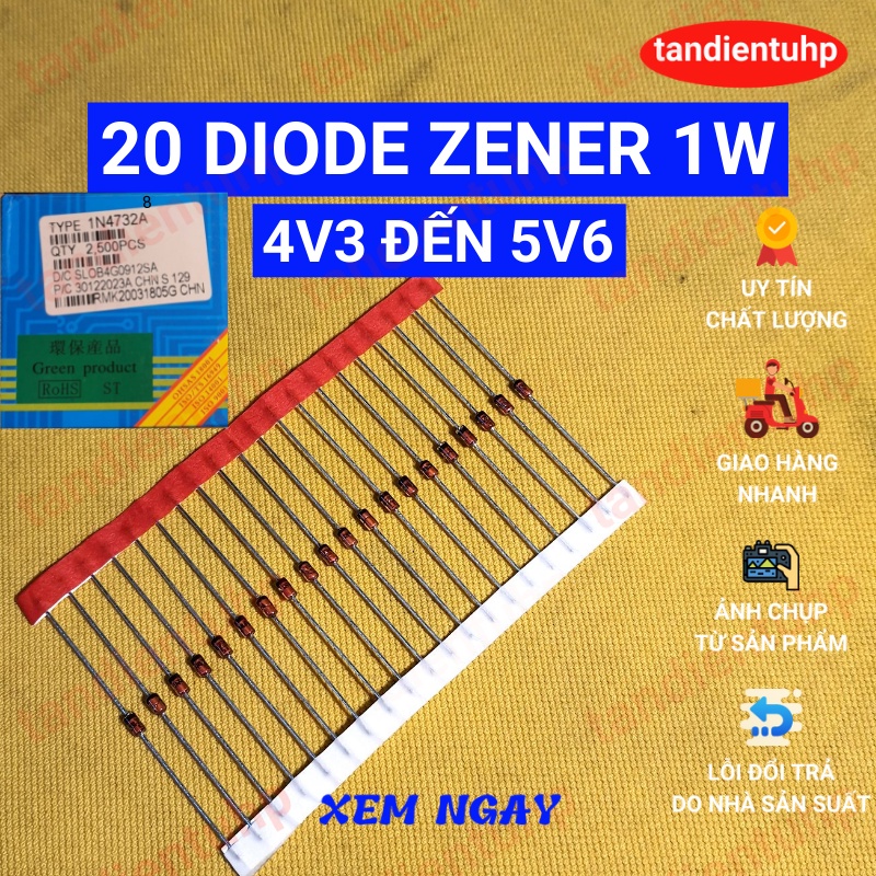 20 Zener ไดโอด 1W pin ประเภทแรงดันไฟฟ้าไดโอด DO-41 ค่า: 1N4731A 4V3, 1N4732A 4V7, 1N4733A 5V1, 1N473