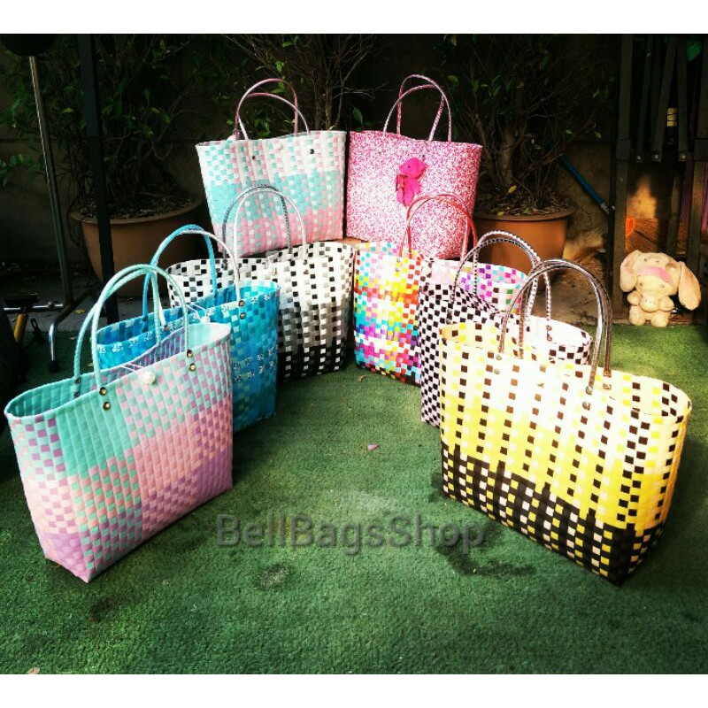 ถูกมาก กระเป๋าสานเส้นพลาสติก>ตะกร้าสานเส้นพลาสติก 14 นิ้ว ใบใหญ่ สะพายไหล่ได้ ราคาถูก