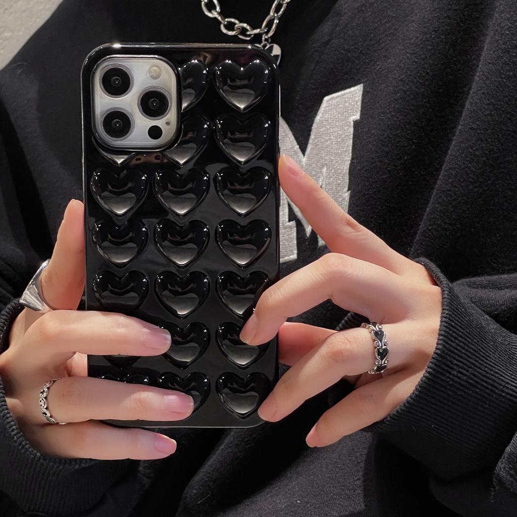 เคสโทรศัพท์มือถือ tpu แบบนิ่ม พิมพ์ลายหัวใจ 3 มิติ สีดํา สําหรับ Iphone 15pro max 14 pro max 15 14 13 pro max 12 pro max 11 pro max xs max xr x 7 8 plus