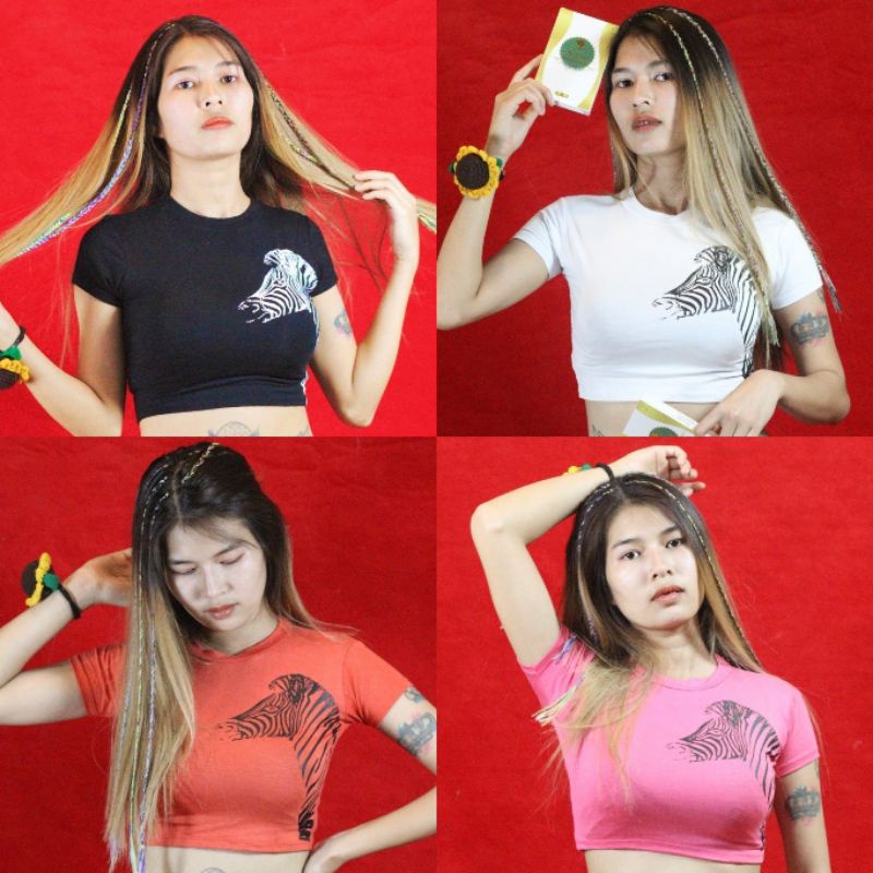 เซ็ทครอปม้าลาย เอวลอย เสื้อครอปออกกำลังกาย ครอปแขนสั้นเอวลอย(ครบไซส์ XS-XL)