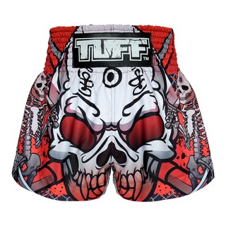 TUFF มวยไทย กางเกงมวยไทย สีแดง ลายกะโหลก TUFF Muay Thai Boxing Shorts Double Skeleton With Devil Skull