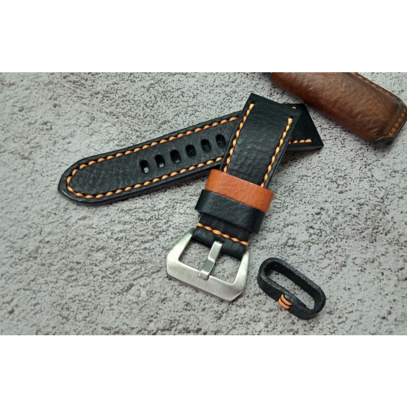 สายนาฬิกาหนังแท้ หนังดำ ด้ายส้ม Watch Straps ขนาด 20,22,24,26,28 mm. แถม!! สปริงบาร์ 1 คู่ (ผลิตในไท