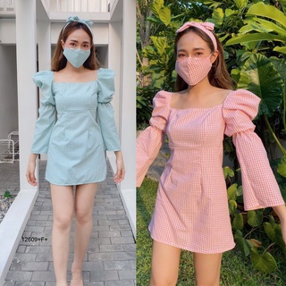 12609 Dress เดรส ลายสก็อต ไหล่จีบ + สายผูก + หน้ากากเข้าset Plaid dress, puffy shoulders + tie