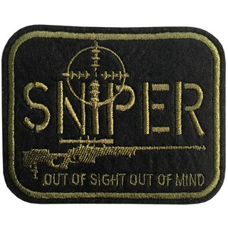 อาร์มรีดติดเสื้อ ปักลาย SNIPER OUT OF SIGHT สีเขียวทหาร อาร์มติดเสื้อ SNIPER อาร์มติดเสื้อทหาร สินค้าผลิตในไทยพร้อมส่ง