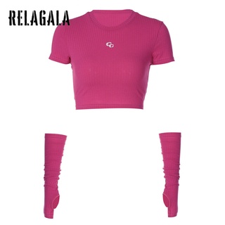 Relagala เสื้อยืดแขนสั้น สีพื้น ทรงสลิมฟิต แฟชั่นสตรี