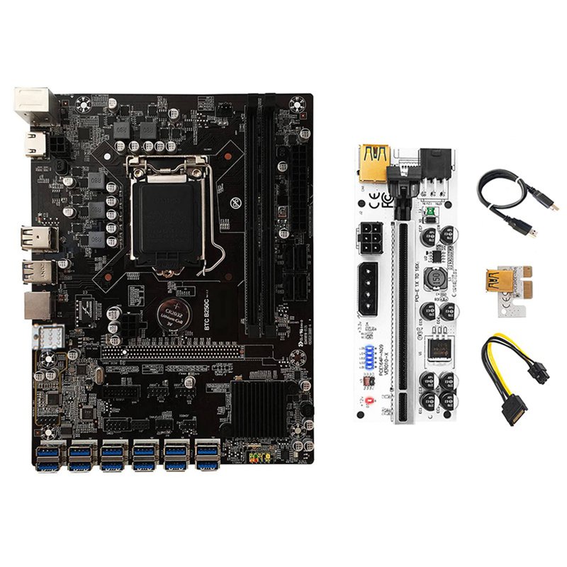 B250C BTC Miner Motherboard+VER010 Riser Card 12XPCIE to USB3.0 GPU Slot LGA1151 Support DDR4 RAM Desktop Motherboard JO