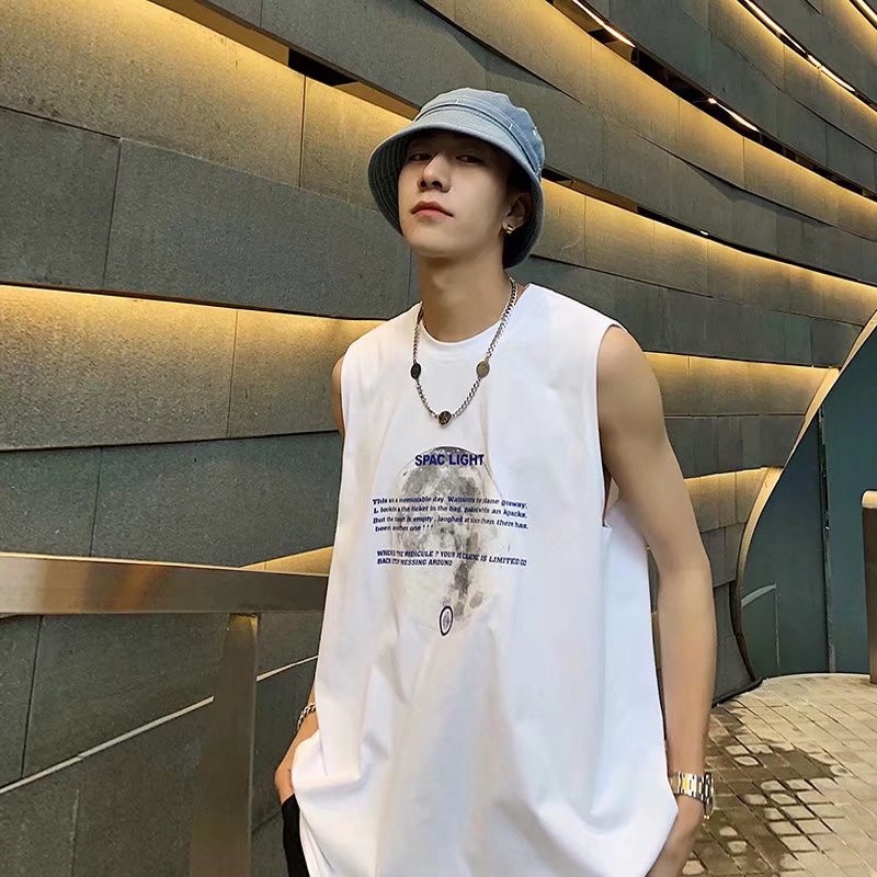 M-5XLสไตล์เกาหลีแฟชั่นลําลองผู้ชายฤดูร้อนเสื้อกั๊กพิมพ์เสื้อกีฬาoversized หลวมเสื้อแขนกุด