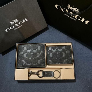 Set กระเป๋าสตางค์ ผู้ชาย Coach แท้💯 outlet สีดำ ลายนูน ของขวัญ สุดคุ้ม